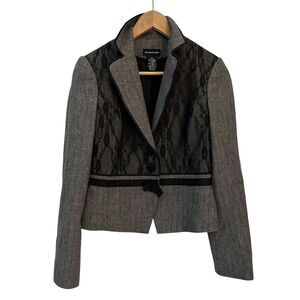 Sutton Studios Grey Wool and Black‎ Lace Double Button Lined Short Blazer Size 4